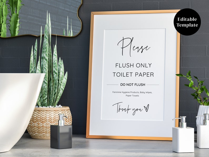 Moderno, por favor, descargue solo papel higiénico, letrero de baño de Airbnb, letrero imprimible de alquiler vacacional, sistema séptico, plantilla de Canva editable imagen 1