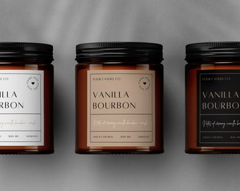 Pode incluir: Três frascos de vela de vidro âmbar com tampas pretas e etiquetas brancas. As etiquetas têm o texto "Your Candle Co." e "Vanilla Bourbon" com uma descrição manuscrita do aroma.