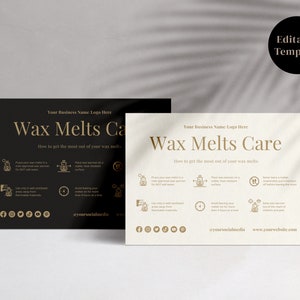 Puede incluir: Dos tarjetas en blanco y negro con texto dorado e iconos. Las tarjetas están tituladas "Wax Melts Care" y proporcionan instrucciones sobre cómo obtener el máximo provecho de las ceras para fundir. Las tarjetas incluyen iconos de redes sociales y una dirección de sitio web.
