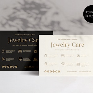 Zwarte gouden sieraden zorgkaartsjabloon met pictogrammen, bewerkbare zorgkaart, productzorgkaart, direct downloaden, Canva-sjabloon