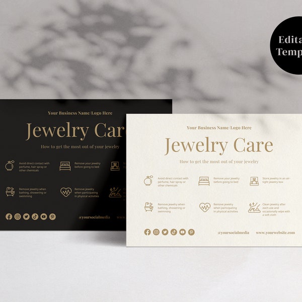 Black Gold Jewelry Care Card Template with Icons, Editable Care Card, Product Care Card, Instant Download, Canva Template