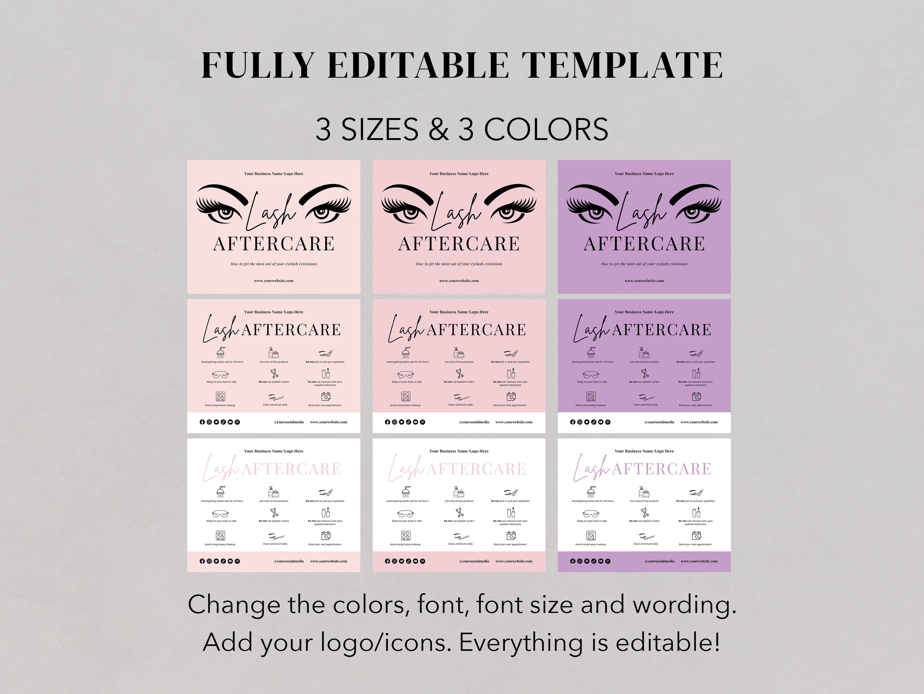 Pink Lash Aftercare Card Template With Icons, Editable Care Card