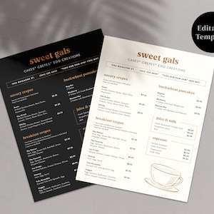 Plantilla de menú de restaurante, menú de desayuno, plantilla de menú editable, descarga instantánea, plantilla Canva