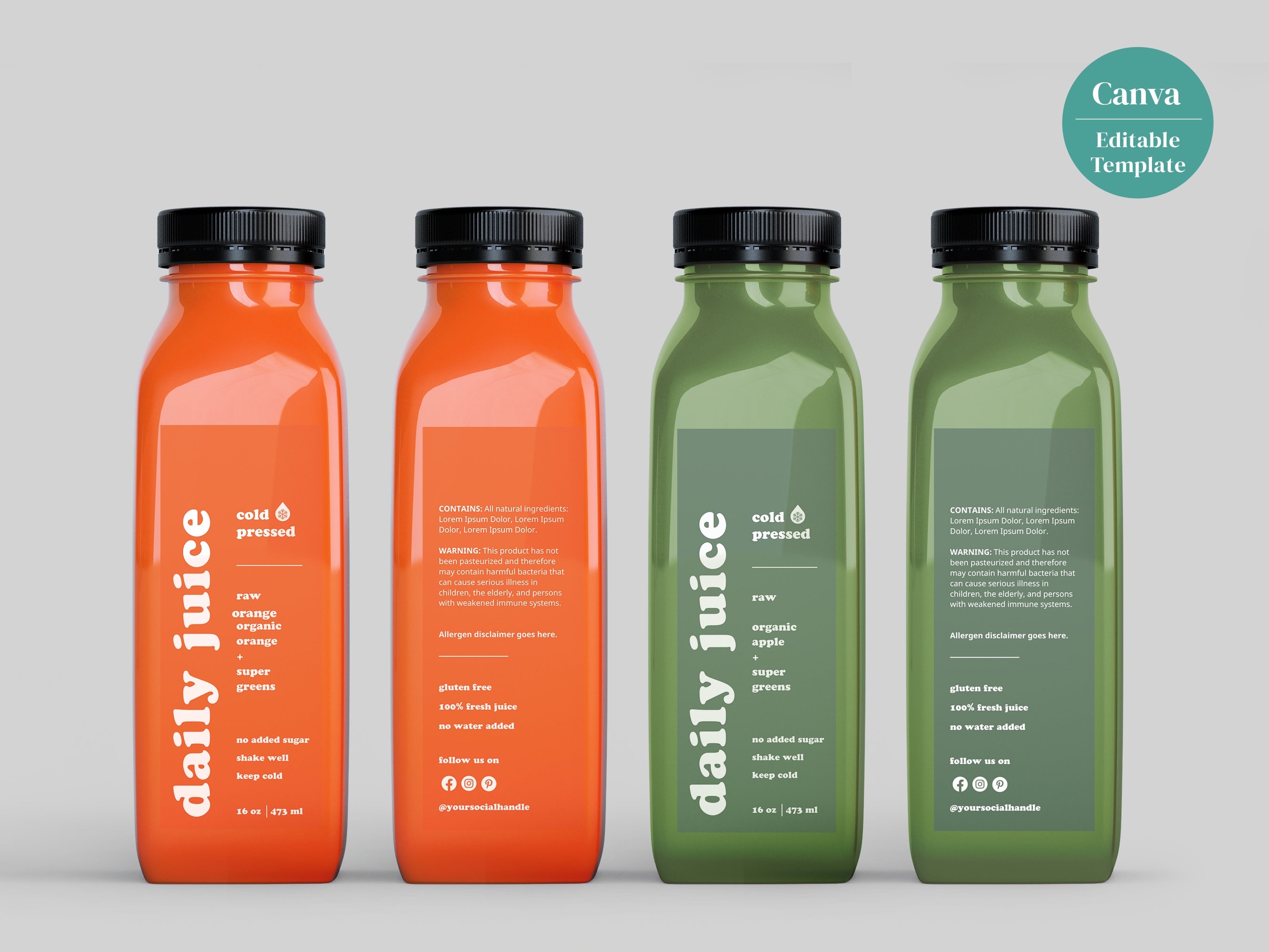 Bewerkbare saplabelsjabloon, smoothielabel, afdrukbaar aangepast label, 12 oz, 16oz flessen productlabel, Canva-sjabloon