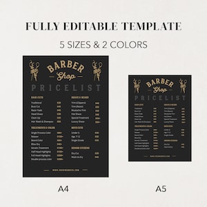 May include: A black and gold printable price list template for a barber shop. The template features the text "Barber Shop" and "Pricelist" in a gold font. The price list includes services such as haircuts, shaves, beard trims, and treatments.