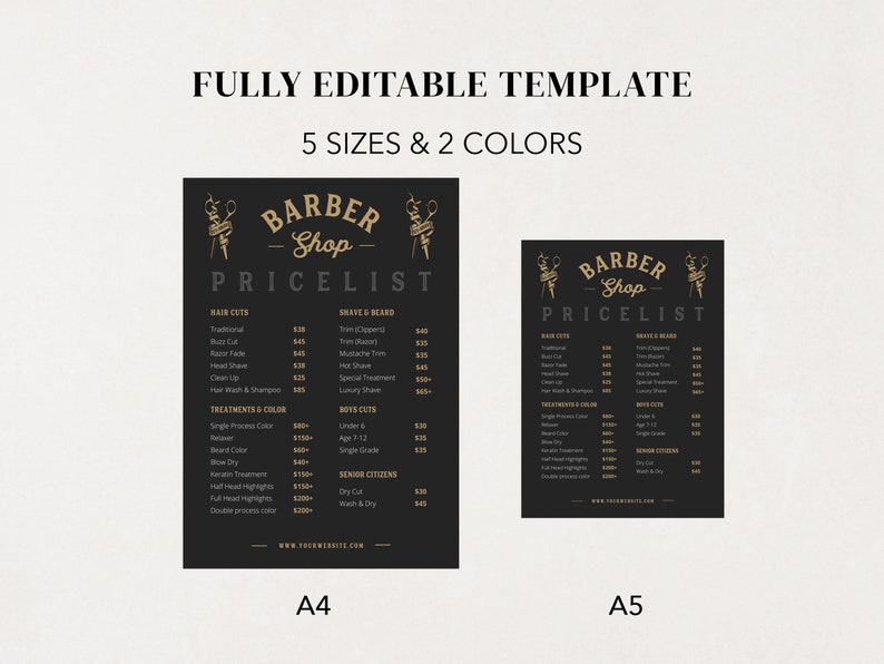 May include: A black and gold printable price list template for a barber shop. The template features the text "Barber Shop" and "Pricelist" in a gold font. The price list includes services such as haircuts, shaves, beard trims, and treatments.