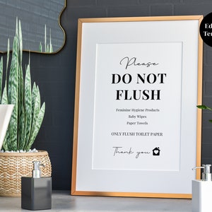 May include: A white framed sign with black text that reads "Please Do Not Flush. Feminine Hygiene Products, Baby Wipes, Paper Towels. Only Flush Toilet Paper. Thank you." with a small house icon. The sign is on a gray tiled wall with a plant and a white ceramic soap dispenser in the foreground.