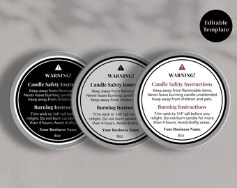 Candle Warning Label Template: Customizable Round Sticker (Canva Template, Instant Download)