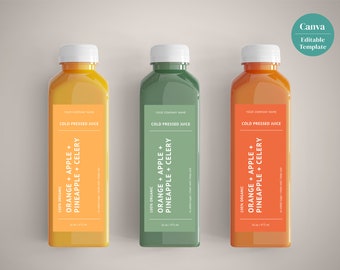 Moderne afdrukbare saplabelsjabloon, smoothielabel, bewerkbaar aangepast label, fruitpictogrammen, 12 oz, 16oz flessen productlabel, Canva-sjabloon