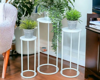 DanDiBo 96483 Lot de 3 tabourets à fleurs ronds en métal blanc avec table d'appoint pour plantes