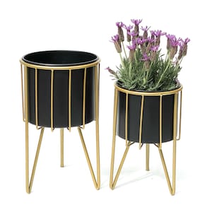 DanDiBo Flower Stool with Pot Metal Gold Black Round Set of 2 Flower Stands 96039 Flower Column Modern Plant Stand Plant Stool