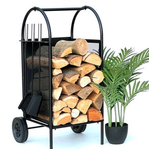 DanDiBo Firewood Rack Indoor Metal Black Firewood Stand 80 cm with Fireplace Tools and Wheels 96358 Firewood Trolley Wood Basket Firewood Holder