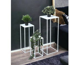DanDiBo 96484 Lot de 3 tabourets à fleurs carrés en métal blanc - Table d'appoint - Colonne de fleurs - Support moderne pour plantes - Tabouret pour plantes