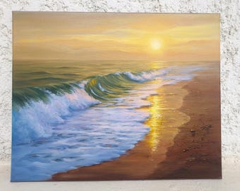 Pintura de pôr do sol dos sonhos na praia, arte original de paisagem marinha com ondas do oceano, decoração de parede costeira.