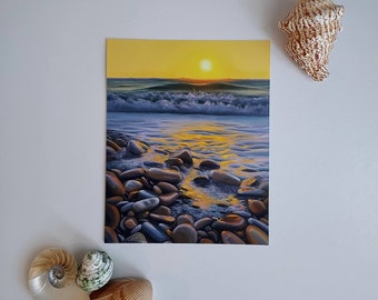 Beach pebbles art print, Beach sunset painting, Coastal artwork ,  Sunset wall art, Beach house decor