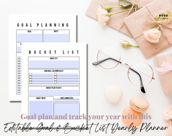 Bearbeitbare Ziel- und Bucket-Liste Vision Board Jahresplaner, Zielplanung, Affirmationen, Bucket-Liste, Produktivität, Planer-Beilagen, PDF-Datei