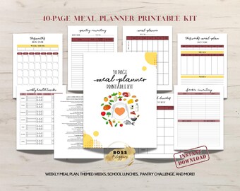 imprimable de planificateur de repas 10 pages | Plan de repas hebdomadaire, semaines à thème, suivi des repas scolaires, défi du garde-manger et feuilles de travail d'inventaire du congélateur