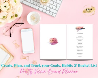 Ultimate Pretty Vision Boardplaner, Zielplan, Affirmationen, Habit Tracker, Bucket List, Produktivität, Planereinlagen, druckbar (US LTR)