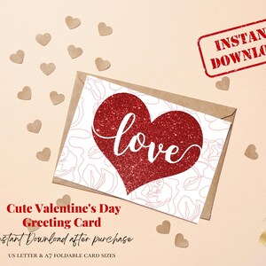 Coeur d'amour, cartes de voeux mignonnes pour la Saint-Valentin, téléchargement numérique instantané, dessins amusants et mignons, carte pliable imprimable, Saint-Valentin pour enfants