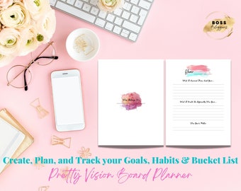 Hübscher Vision Board Planer, Zielplaner, Affirmationen, Ultimative Bündel, Manifestation, Habit Tracker, Bucket List, Produktivität, Printable
