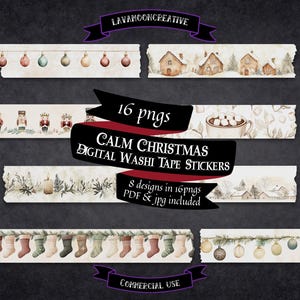 Calm vintage Christmas washi tape digital stickers | washi tape png | digital washi | digi bujo | planner | pdf jpg | beige | cream | LMC351