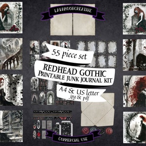 Puede incluir: Un kit de diario de chatarra imprimible con 55 piezas con un tema gótico con una mujer pelirroja con un vestido negro. El kit incluye páginas, imágenes y adornos en tamaño A4 y carta estadounidense. El kit es para uso comercial.