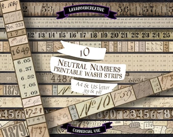 Vintage numbers washi tape strips | Junk journal (digital download)