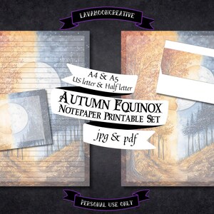 May include: Printable notepaper set featuring an autumn equinox theme with a moon and forest scene. The paper is available in A4, A5, US letter, and half letter sizes. The set includes both JPG and PDF files.