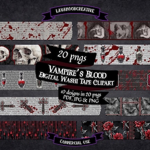 Op de afbeelding: Digitale washi tape clipart set met een vampierthema. Het ontwerp bevat schedels, rozen, bloedspatten en drankflessen. De tekst op de afbeelding luidt "Vampire's Blood Digital Washi Tape Clipart".