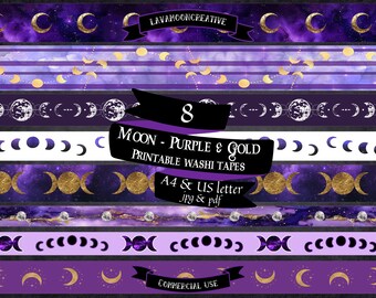 Moon washi strips printable: Purple, lilac & gold junk journal kit (digital download)