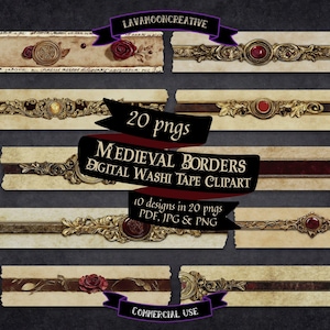 Castlecore Medieval washi tape clipart | gold & maroon ornate borders | Junk Journal, Scrapbook, Digital Stickers | PNG Download | LMC398