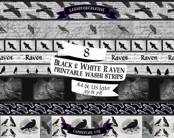Gothic Raven Washi Strips: Black & White Printable (Digital Download)