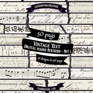 Könnte beinhalten: Ein digitaler Download von 50 digitalen Washi-Tape-Stickern im Vintage-Stil mit Text- und Musikmotiven. Die Sticker sind in Schwarzweiß gehalten und zeigen eine Vielzahl von Schriftarten und Designs. Der Text "Vintage Text Digital Washi Stickers - Set 1" ist im Bild enthalten.