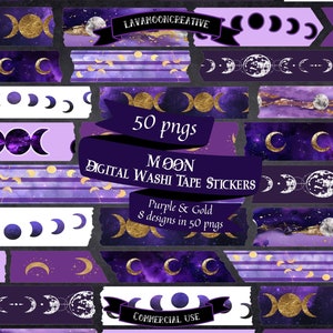 May include: 50 digital washi tape stickers featuring moon phases, celestial designs, and a purple and gold colour scheme. The text "50 pngs Moon Digital Washi Tape Stickers Purple & Gold 8 designs in 50 pngs Commercial Use" is included in the image.