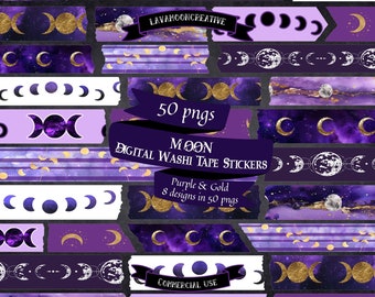 Moon Washi Tape Digital Stickers: Purple & Gold, Pagan Grimoire (Digital Download)