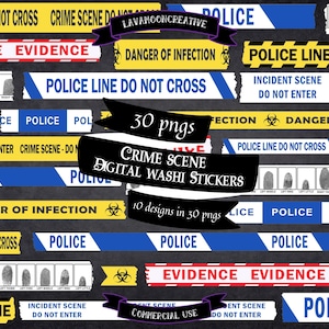 May include: A digital set of 30 crime scene themed washi tape stickers. The stickers feature yellow and black caution tape, blue and white police tape, red and white evidence tape, and fingerprint images. The text on the stickers includes "Crime Scene", "Police Line Do Not Cross", "Danger of Infection", "Evidence", and "Incident Scene Do Not Enter".