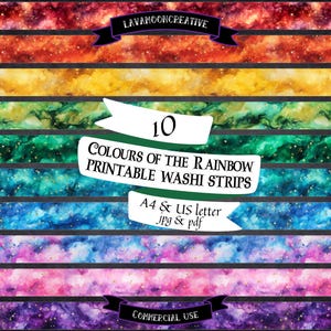 May include: Ten printable washi tape strips featuring a galaxy design in ten different colors of the rainbow. The strips are labeled "A4 & US letter jpg & pdf" and "Commercial Use".