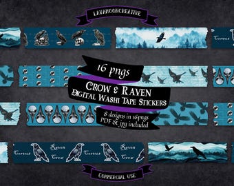 Gothic Teal Raven & Crow Washi Tape Clipart (Digital Stickers)