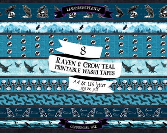 Raven washi tape strips: Teal junk journal (printable PDF JPG) LMC324