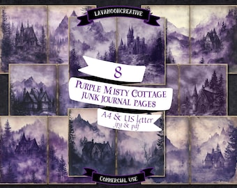 Purple misty cottage junk journal pages: Scrapbook paper (A4/US Letter digital download)