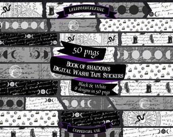 Book of Shadows Washi Tape Stickers: Grimoire BOS, Black & White (Digital Download)