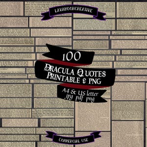 Op de afbeelding: Een digitale download van 100 afdrukbare citaten uit de roman Dracula. De citaten worden weergegeven op een zwarte achtergrond met een rood-zwart lintbanner waarop staat "100 Dracula Citaten Afdrukbaar & PNG A4 & US-brief jpg pdf png Commercieel gebruik".