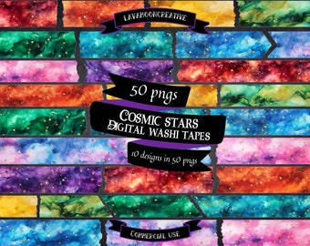 Starry washi tape clipart set | Cosmic digital stickers (PNG)