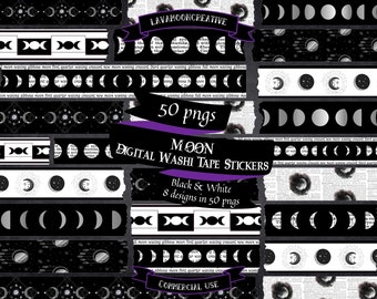 Moon Washi Tape Stickers: Black & White Digital Planner Graphics (50 PNGs) (Digital Download)