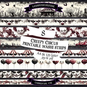 Griezelige circusstrips afdrukbaar | washi-strip | Vel met washitape | Afdrukken van ongewenste dagboeken | washitape clown | plakboek | pdf jpg png | LMC373