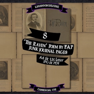 Può includere: Un set di otto pagine di diario vintage con illustrazioni e testo della poesia "Il Corvo" di Edgar Allan Poe. Le pagine includono un ritratto, spartiti e il testo "The Raven". Disponibile nei formati A4 e US letter.