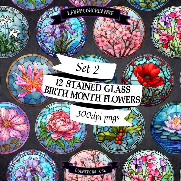 Birth month flower stained glass clipart - Set 2 | transparent png | 300dpi | 13"x13" | Journal | Scrapbook | commercial use | LMC167
