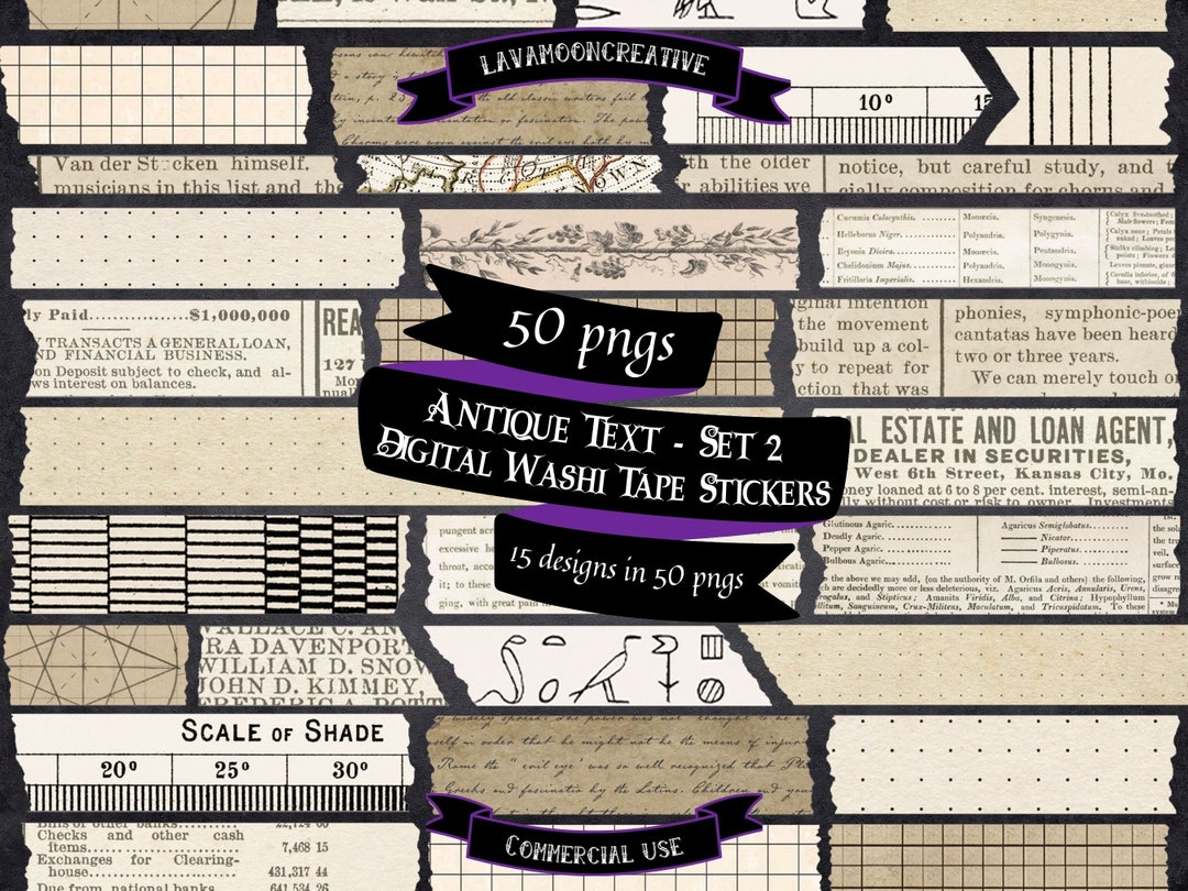 Antique Text Washi Tape Stickers: Vintage Ephemera, Scrapbook (50 Pngs ...
