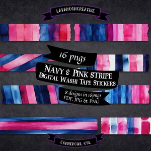 Navy & Pink Stripe Washi Tape Stickers (Digital Download)