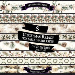Christmas washi tape printable | Christmas foliage | digital washi strips | bujo printable | washi template | junk journal ephemer | LMC348